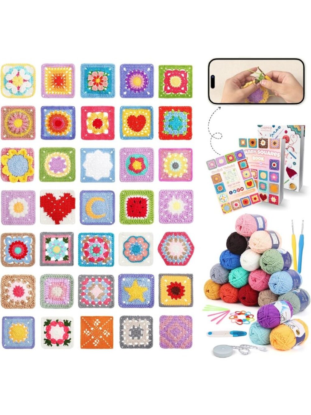 Beginner-Friendly Crochet Kit - 50 Granny Square Designs, Easy Crochet Patterns